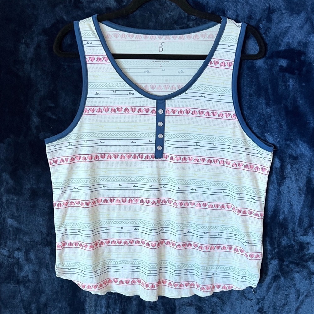 Ellen DeGeneres ED Henley Tank Top Striped Love Heart Blue Trim‎ Large